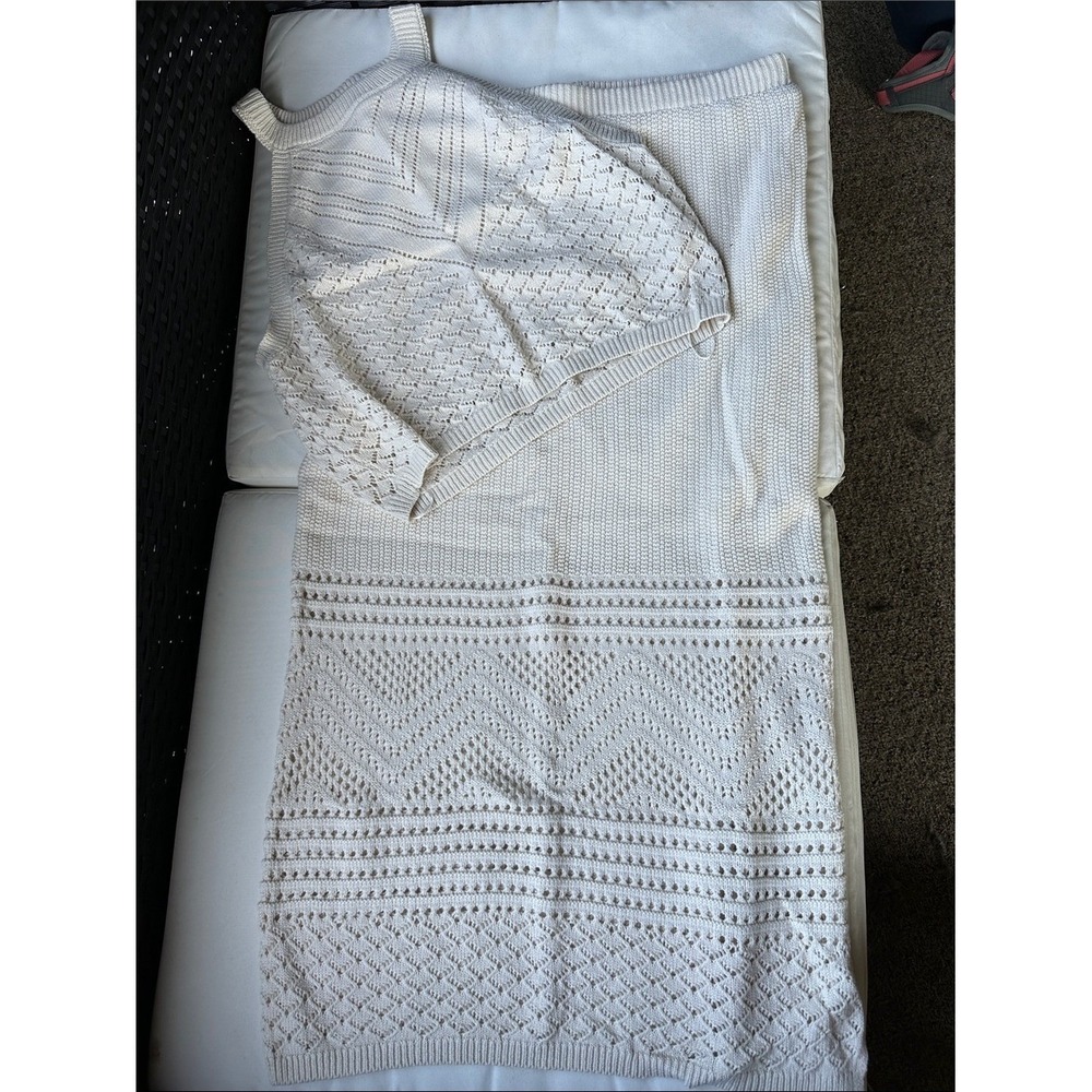 Freshman 1996 Cream Pointelle Knit 2 Piece Set Halter Crop Top Midi Skirt XL